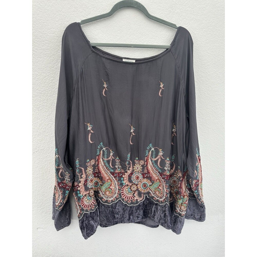 Sundance Cupro Velvet Trim Embroidered Tunic Blouse Size L Charcoal Gray Paisley